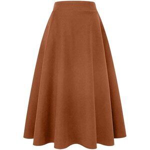 Womens Long Camel Elastic Waist A-Line Pleated Tartan Long Plaid Wool Skirts